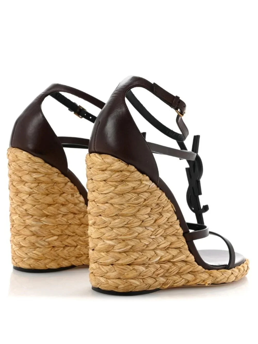 Saint Laurent Cassandra 105 Espadrille Wedge Sandals Brown Leather YSL NIB EU 39